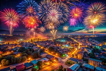 Naklejka premium Stunning Aerial View of Colorful Fireworks Explosion in Night Sky Over Cityscape - Celebration, Festivities, Drone Photography, Vibrant Lights, Nighttime Event, Spectacular Display