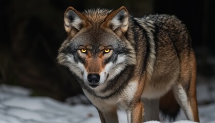 Obraz premium A close-up of a wolf standing on snow, showcasing its sharp features and intense gaze in a natural setting.