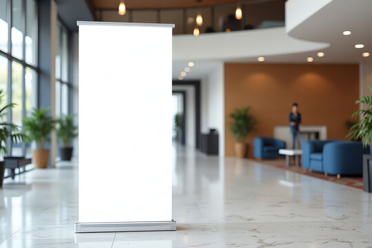 Empty modern office lobby interior with standee mockup with copy space
