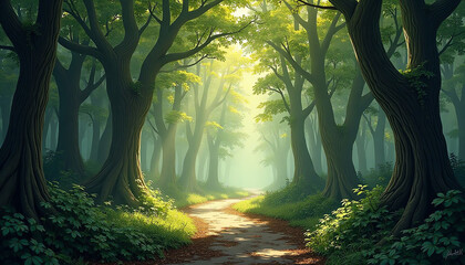 Enchanted forest pathway with magical sunlight through trees