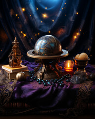 Mystical crystal ball glowing softly on a velvet cloth, surrounded by tarot cards and incense smoke, evoking a sense of mystery and divination