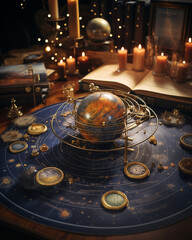 Set of astrological charts and celestial maps spread out on a table, highlighting the exploration of the cosmos and personal destiny