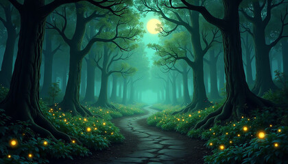 Mystical forest path with glowing fireflies at night illustration