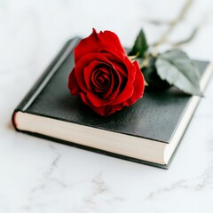 A single red rose rests on a closed hardcover book, with white marble background.