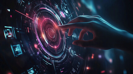 Hand touching a futuristic digital hologram with a circular graphic interface on a dark background, an AI technology concept