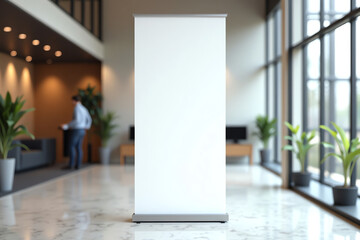 Modern office interior with blank roll-up banner mockup with copy space