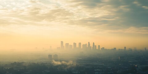 Obraz premium photo of air pollution over city skyline visible through the smog, clouds, white sky