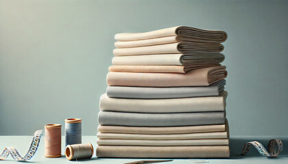 Fototapeta premium A stack of neatly folded pastel-colored fabrics with sewing threads and tools arranged around, set against a minimalist background