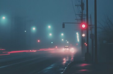 Photo of a foggy highway at night with streetlights and cars passing by