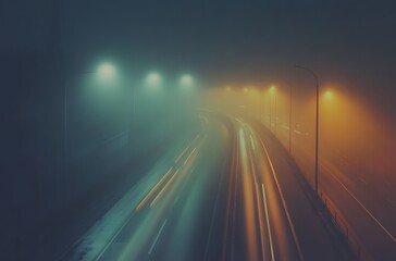 Obraz premium Photo of a foggy highway at night with streetlights and cars passing by