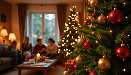 Cozy Christmas living room with decorated tree and family gathering