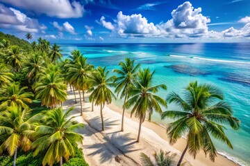 Fototapeta premium Stunning Drone Photography of a Tropical Beach Under Clear Blue Sky with Lush Palm Trees for Ultimate Summer Relaxation and Perfect Weather