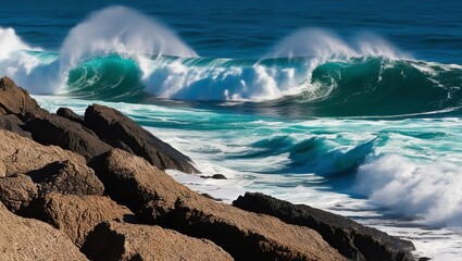 High-energy shot of waves splashing against rocky shorelines, capturing the beauty and power of nature