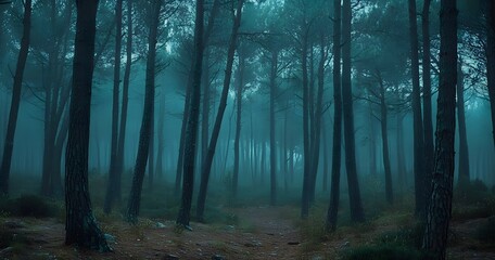 pine forest with tall trees,  against the backdrop of a foggy, misty morning light