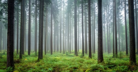 Obraz premium pine forest with tall trees, against the backdrop of a foggy, misty morning light