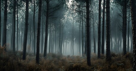 Fototapeta premium pine forest with tall trees, against the backdrop of a foggy, misty morning light