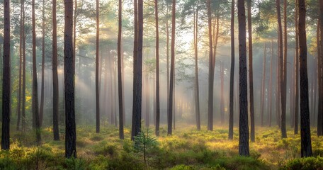 Obraz premium pine forest with tall trees, against the backdrop of a foggy, misty morning light