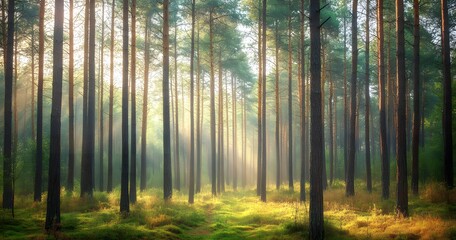 pine forest with tall trees,  against the backdrop of a foggy, misty morning light