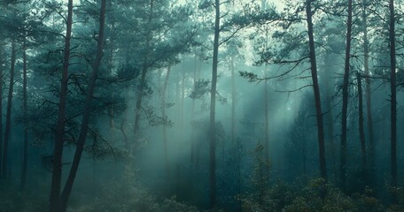 Obraz premium pine forest with tall trees, against the backdrop of a foggy, misty morning light