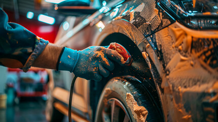 The mechanic sands car components with a grinding tool, provides garage painting, and repairs vehicles.