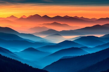 Obraz premium panoramic view of the majestic mountains under an orange and blue sky