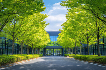 Obraz premium Sustainable green building. Eco-friendly building. Sustainable glass office building with tree for reducing carbon dioxide. Office with green environment. Corporate building reduce CO2. Safety glass. 