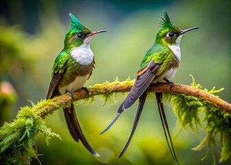 Fototapeta premium Stunning Low Light Capture of Whitebooted Rackettail Hummingbird Pair in Their Natural Habitat, Showcasing Vibrant Green Feathers and Long Tail Flags in the Heliantheini Tribe