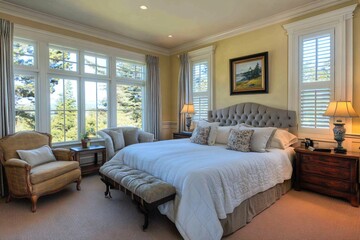 Fototapeta premium Cozy Bedroom with Soft Gray Bedding and Cream Walls