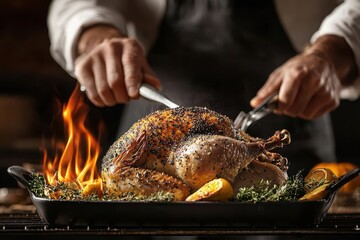 Closeup of a man pulling a roasted chicken out of the oven, with a smile of accomplishment, Roasting chicken, Warm and proud