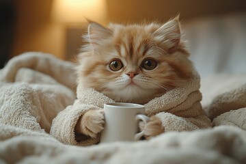 Ultra-Realistic Portrait of a Fluffy Cat in a Bathrobe Sitting on a Bed, Holding a Coffee Mug in a Cozy Morning Atmosphere
