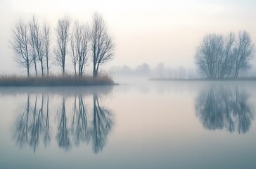 misty lake with trees in the background