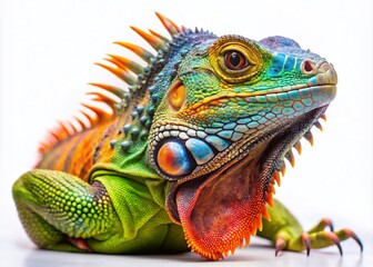 Fototapeta premium Stunning Night Photography of an Isolated Iguana on White Background – Exotic Reptile, Wildlife, Nature, Lizard, Close-Up, Detailed Textures, Vibrant Colors, 