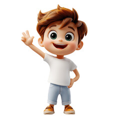 A 3D cartoon character of a boy waving, wearing a white t-shirt and shorts, with a cheerful expression and an inviting pose.
