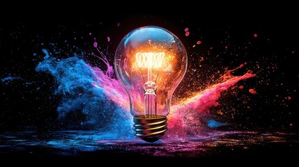 Dynamic scene featuring a glowing light bulb with splashes of bright blue, pink, and orange paint exploding around it. The design symbolizes creativity, innovation, and energy