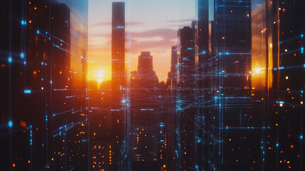 Obraz premium Smart digital city with connection cyber security network reciprocity over the cityscape . future smart wireless digital city and social media networking systems that connects people within the city