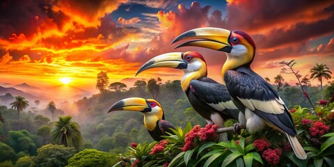 Obraz premium Stunning Panoramic Photography of Hornbill Lines Fading Colors in Nature's Splendor, Capturing the Beauty of Wildlife and Avian Life in Vibrant Landscapes