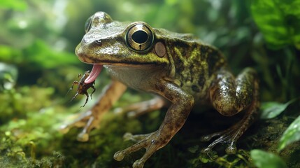 Obraz premium Frog Catching Insect Up Close in Nature