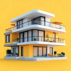 Modern Beachfront Luxury Apartment Building with Balconies and Vibrant Yellow Facade