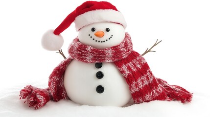 One snowman with red scarf and Santa hat on isolated white background