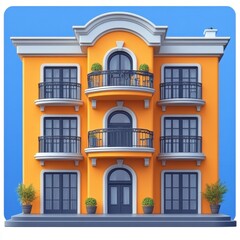 Obraz premium Vibrant European-Style Apartment Building with Balconies and Arched Entryway