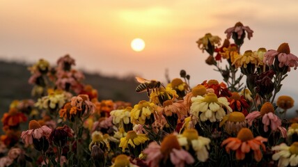 Field of flowers at sunset with honeybee hovering in foreground