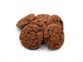 Stack of chocochip biscuits isolated on a white background. Delicious and crispy cookies, perfect for a sweet snack or dessert