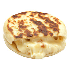 Cheesy arepa with melted cheese on transparent background.