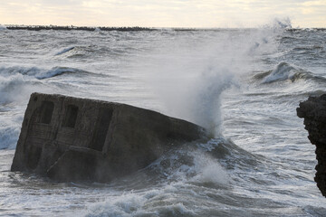 Stormy Baltic sea at Liepaja port North mole, Latvia.