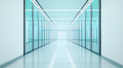 Obraz premium Futuristic glass corridor with sleek reflections and soft blue lighting