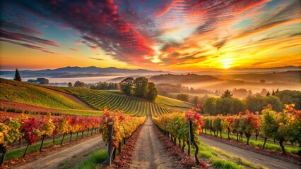 Fototapeta premium Stunning Sunrise Over Vineyards - Captivating Landscape Photography of Grape Vines at Dawn, Rolling Hills, Warm Light, Nature's Beauty, Wine Country, Scenic Views, Calm Atmosphere