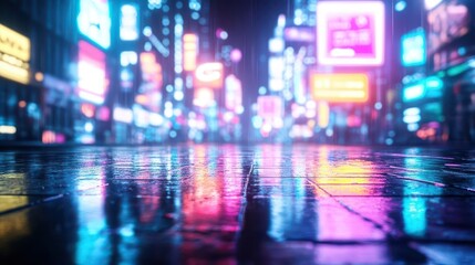 Fototapeta premium Cyberpunk cityscape, glowing neon signs casting electric reflections on wet pavement, a surreal view against black night sky