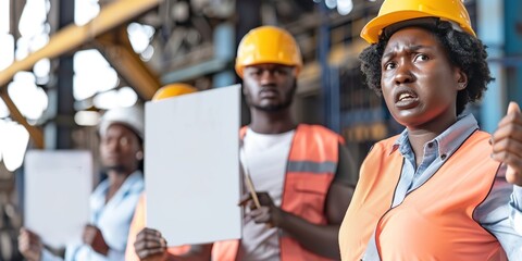 Obraz premium Group of factory workers protesting outside the workplace, holding blank signs as expressions of frustration and disagreement. Labor, strike,demonstration,manufacturing,inequality, injustice, rights