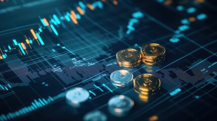 Dynamic market chart with gold and silver bullion in foreground, sharp contrasts, metallic highlights, concept of bullion analysis