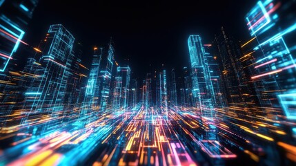 Fototapeta premium Glowing electric cityscape with neon skyscrapers against a black sky, pulsing light trails and holographic displays creating a futuristic energy